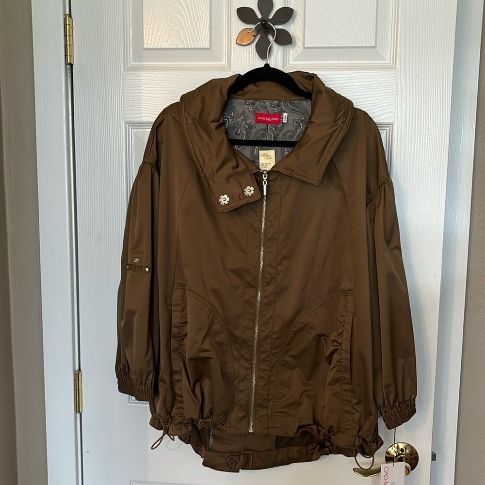 Ciao Milano A-Line Anorak rain Jacket 3/4 sleeves tuck away hood Loden women’s L